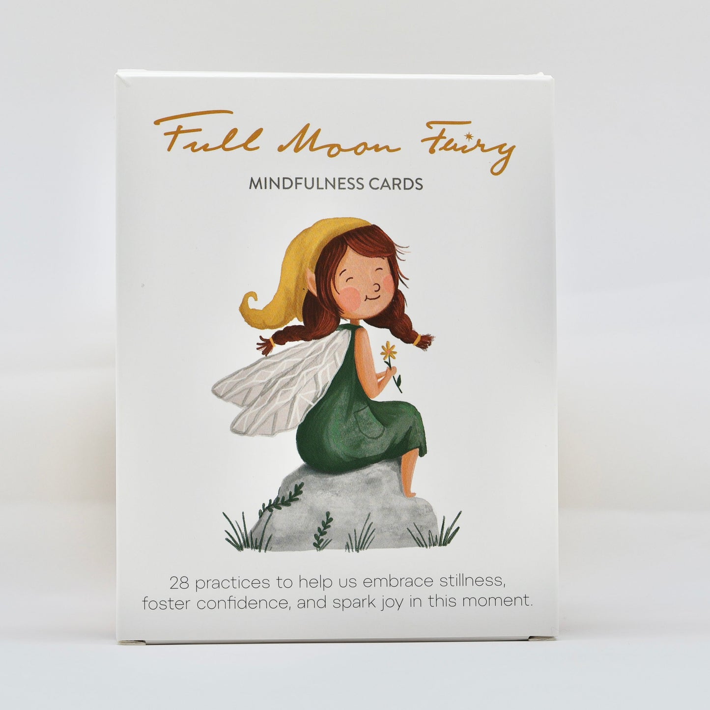 Full Moon Fairy Mindfulness Cards box featuring an illustrated fairy and 28 mindfulness practices for children.